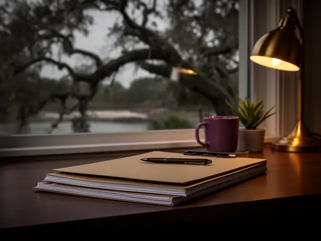 A neat stack of closed manila folders and a pen on a desk by a window.