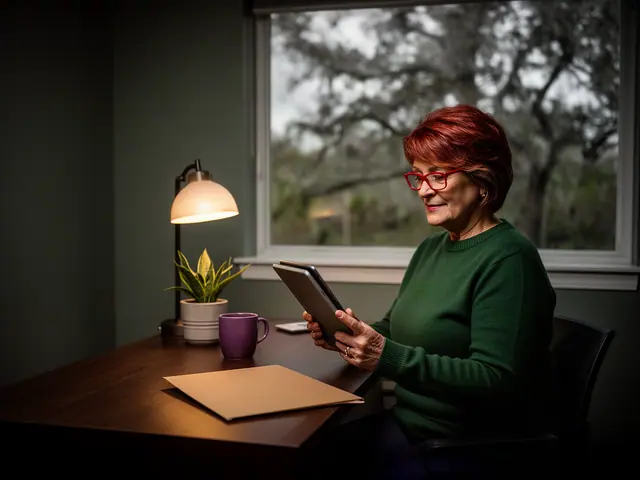 A caterer reviewing her accounts on a tablet at a lamplit desk.
