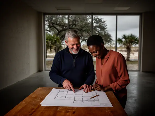 Two business partners looking over a pencil floor sketch in an empty storefront.