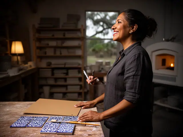A tile painter at her worktable with freshly painted blue-and-white tiles in a lamplit studio.